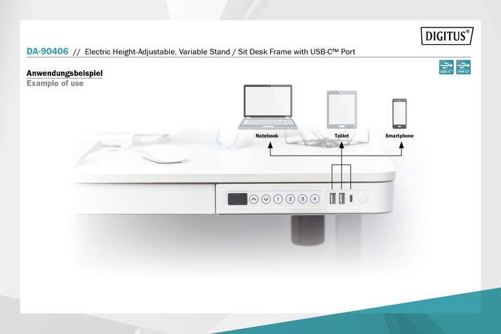 DIGITUS Elektrisch höhenverstellbarer Schreibtisch mit USB-Ladestation und Schublade