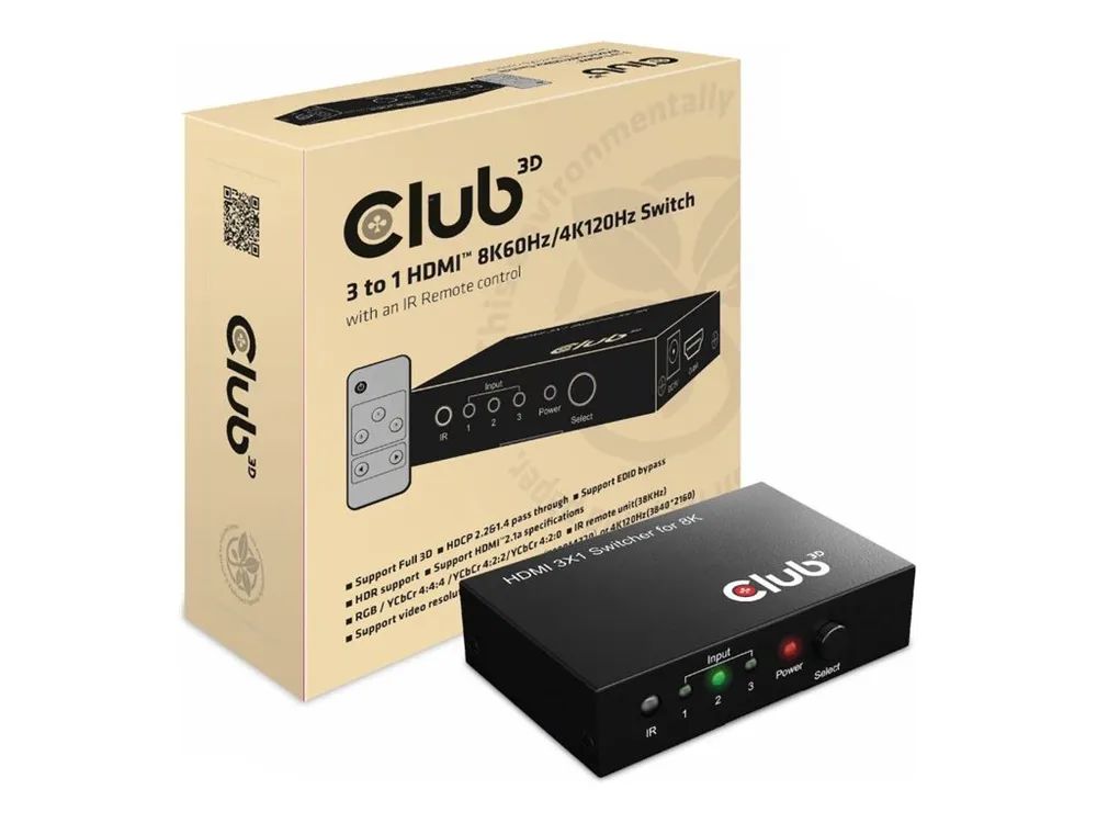 Club 3D CSV-1381 - Video/Audio-Schalter - 3-to-1, 8K 60 Hz/4K 120 Hz