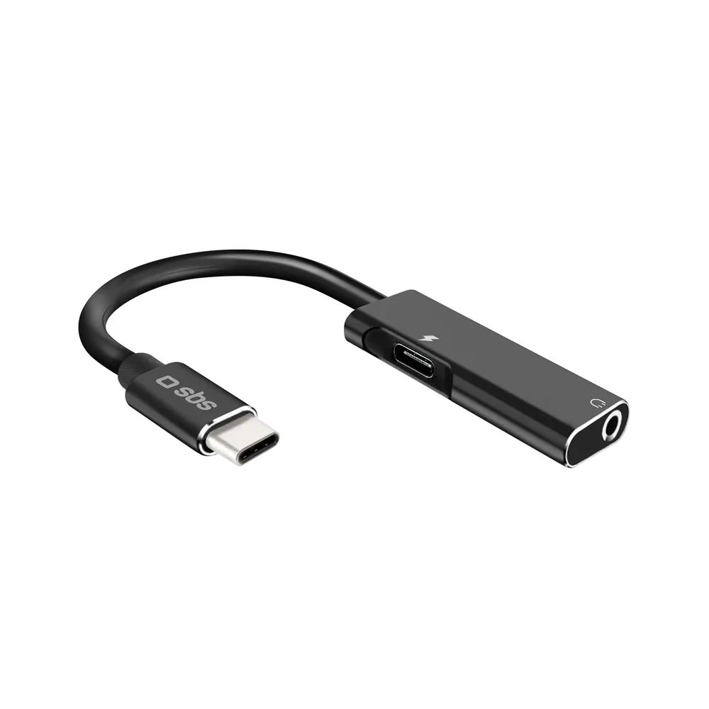 SBS Adapter Kabel, USB-C Stecker auf 3,5mm Klinke Buchse und USB-C Buchse, 0,09m