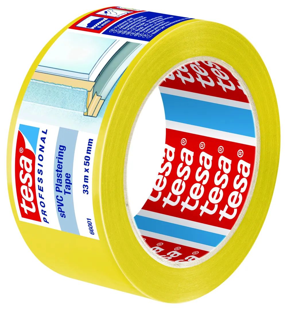tesa® Putzband sPVC Glatt Gelb 33 m x 50 mm – wetterbeständiges Klebeband für Außenbereiche