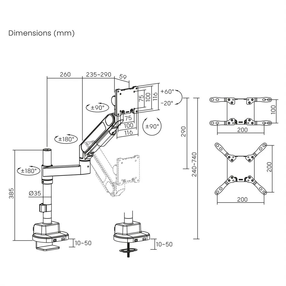 ROLINE Schwerlast-LCD-Arm, Trägerstange, 4 Gelenke, Tischmontage, bis 27 kg, schwarz
