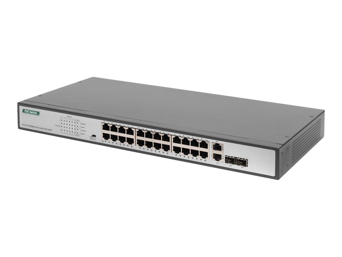 DIGITUS 24-Port Fast Ethernet PoE Netzwerkswitch, 19 Zoll, unmanaged, 2 GE Uplink Ports, SFP, 370 W, af/at