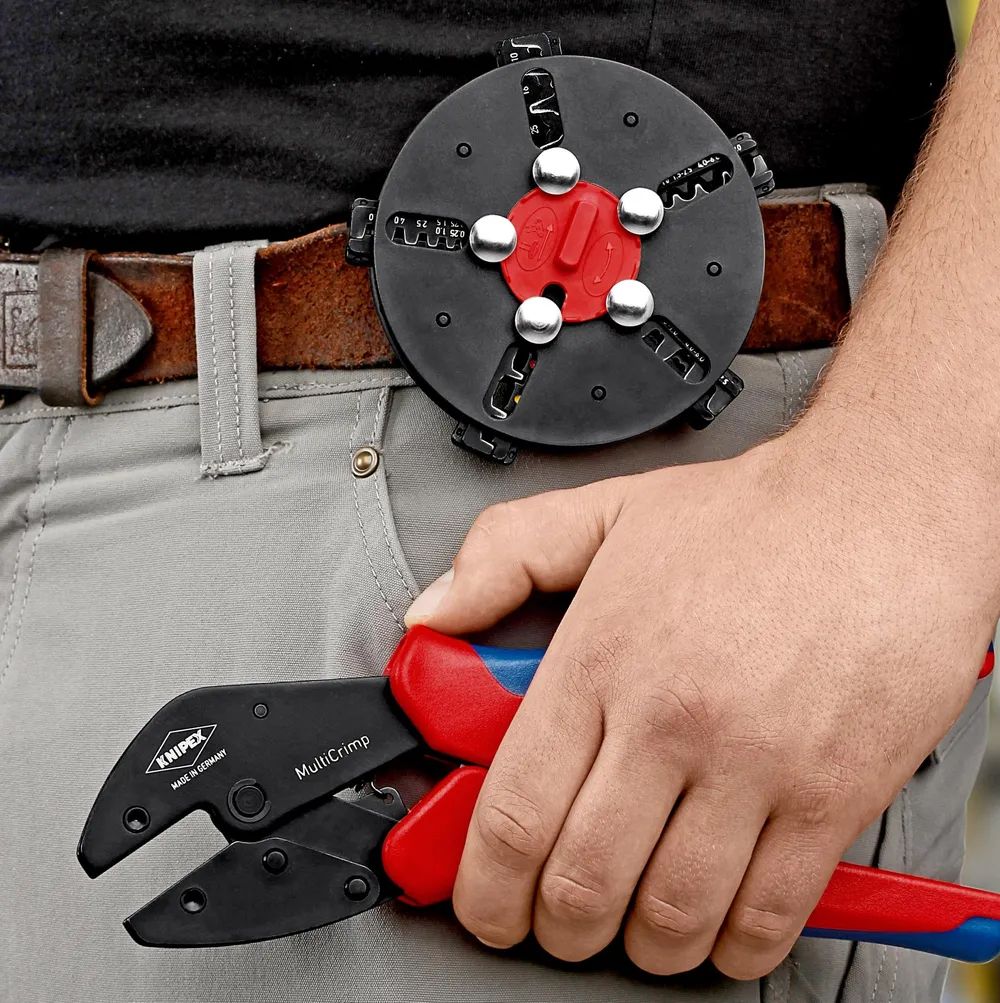 KNIPEX MultiCrimp® Crimpzange mit Wechselmagazin mit Mehrkomponenten-Hüllen brüniert 250 mm