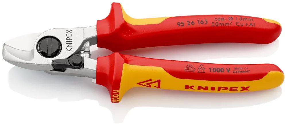 KNIPEX Kabelschere mit Öffnungsfeder isoliert mit Mehrkomponenten-Hüllen, VDE-geprüft verchromt 165 mm