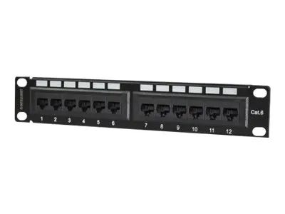 Intellinet 10" 12-Port Cat6 Patchpanel, UTP, 10", 1 HE, schwarz - Patch Panel - Rack montierbar - CAT 6 - UTP - RJ-45 X 12 - Schwarz, RAL 9005 - 1U - 25.4 cm (10")