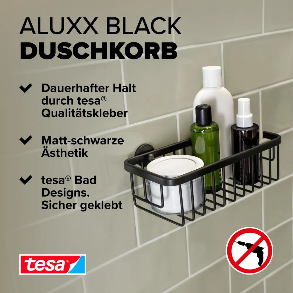 tesa® ALUXX BLACK Duschkorb Einzeln, schwarz, ohne Bohren