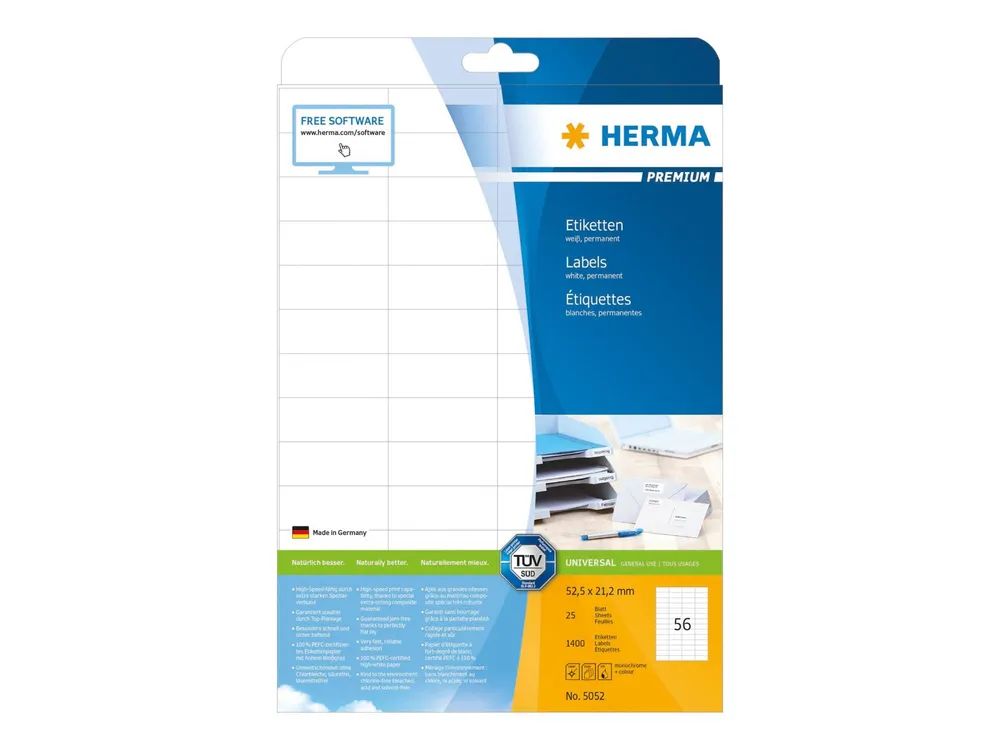 HERMA Premium - Papier - matt - permanent selbstklebend - weiß - 52.5 x 21.2 mm 1400 Etikett(en) (25 Bogen x 56)