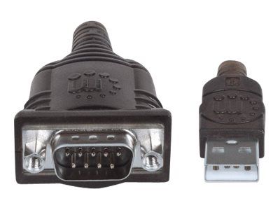 Manhattan USB-A to Serial Converter cable, 45cm, Male to Male, Serial/RS232/COM/DB9, Prolific PL-2303RA Chip, Black/Silver cable, Three Year Warranty, Polybag