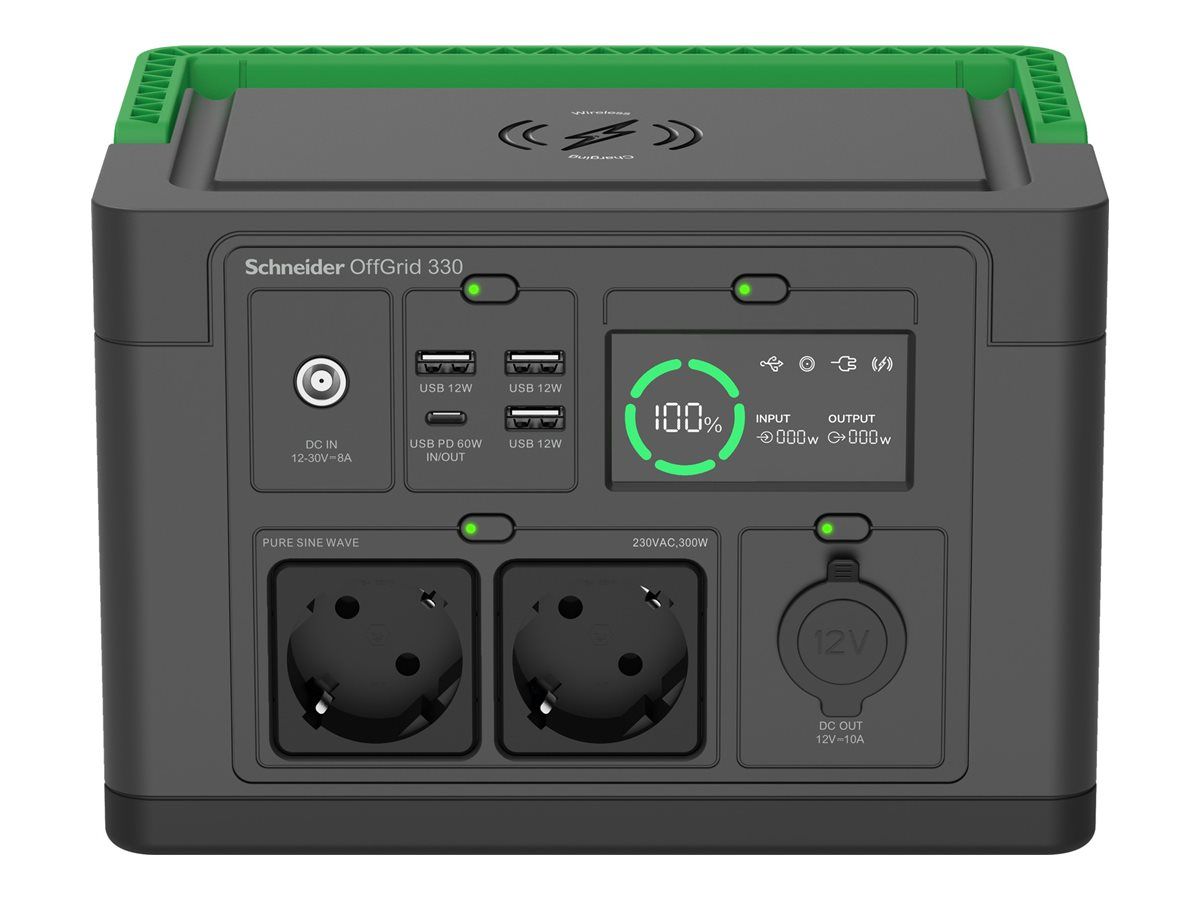 APC Schneider OffGrid 330 - Tragbares kraftwerk - LCD, Lithium-Ionen, 2 CEE 7/3 Schuko-Steckdosen, Sinuswelle, 3 USB-A, 1 USB-C, kabelloses Laden