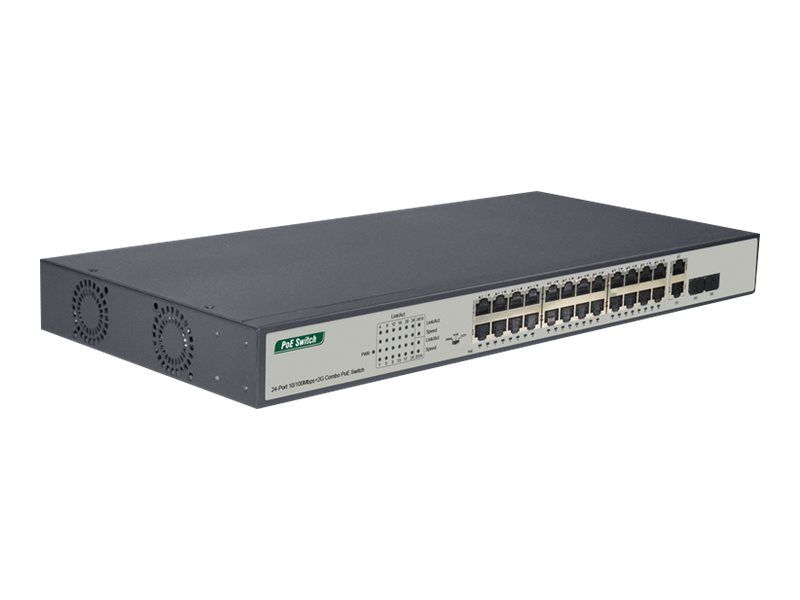 DIGITUS 24-Port Fast Ethernet PoE Netzwerkswitch, 19 Zoll, unmanaged, 2 GE Uplink Ports, SFP, 370 W, af/at