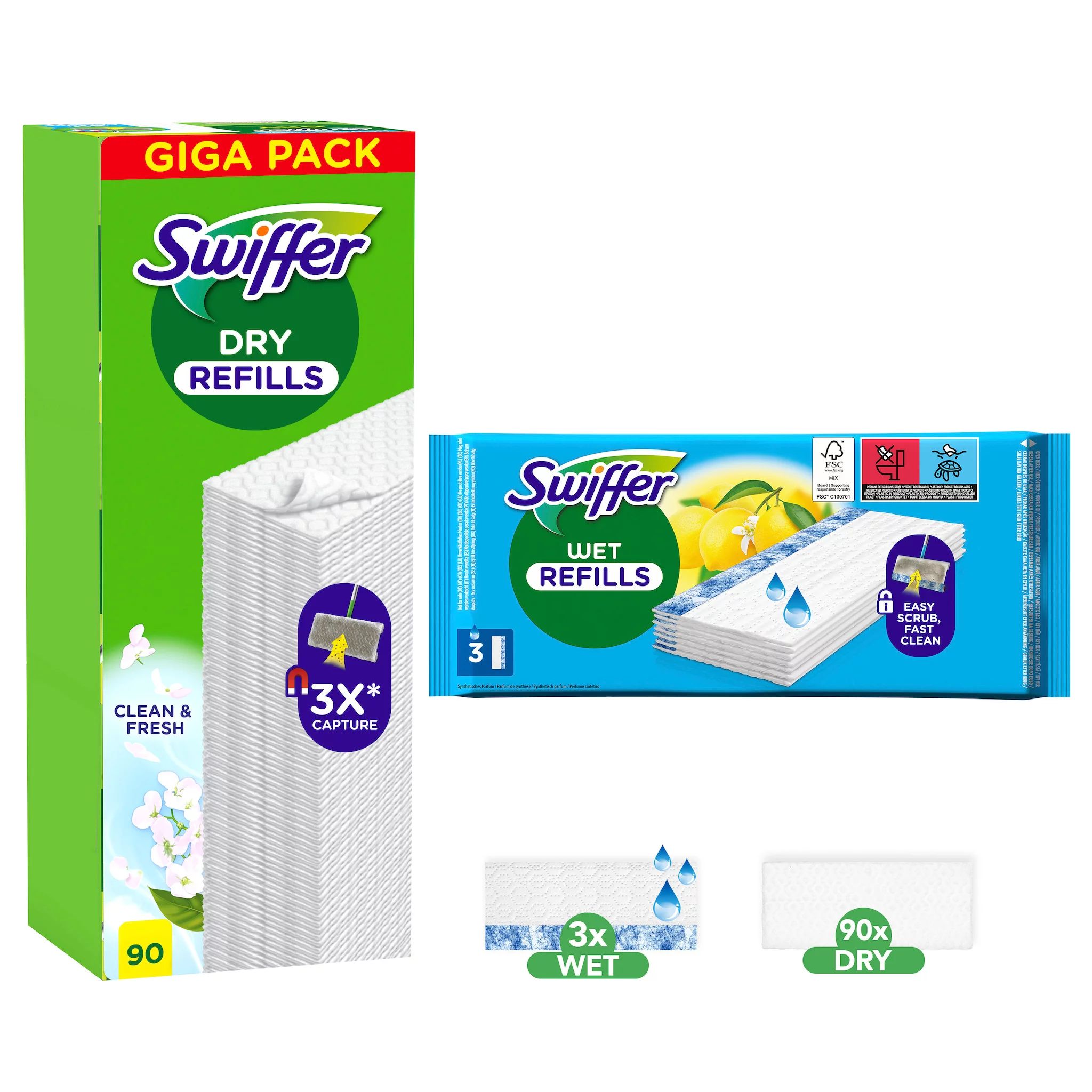 Swiffer Boden Nachfüllset 90 Trockentücher+3 Wet Wischtücher Komfort Pack