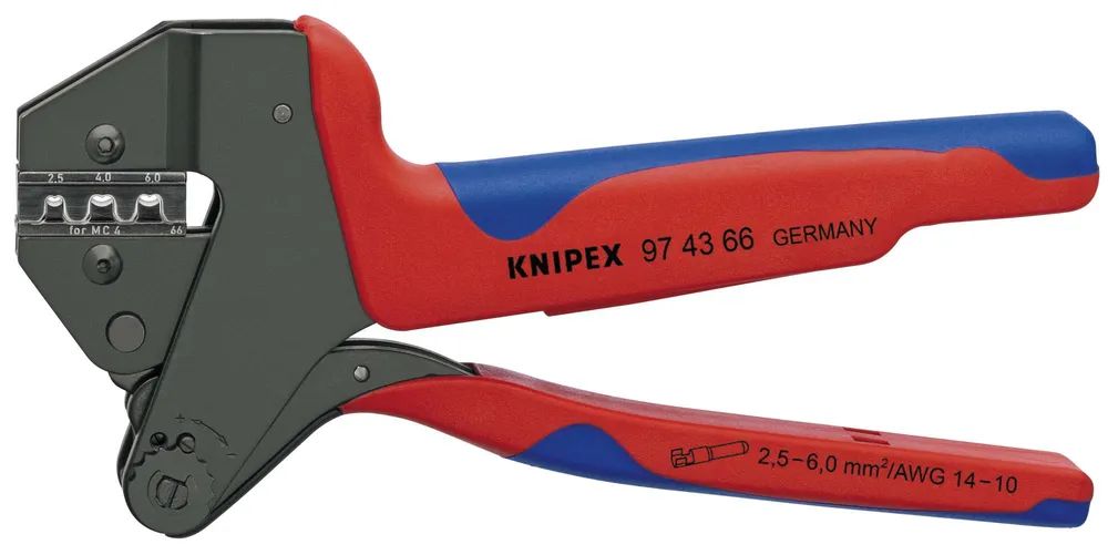 KNIPEX Crimp-Systemzange MC4® & MC4® EVO2 für auswechselbare Crimpeinsätze für MC4® Multi-Connect-Verbinder (bis 6 mm²) mit 2K-Hüllen 200 mm
