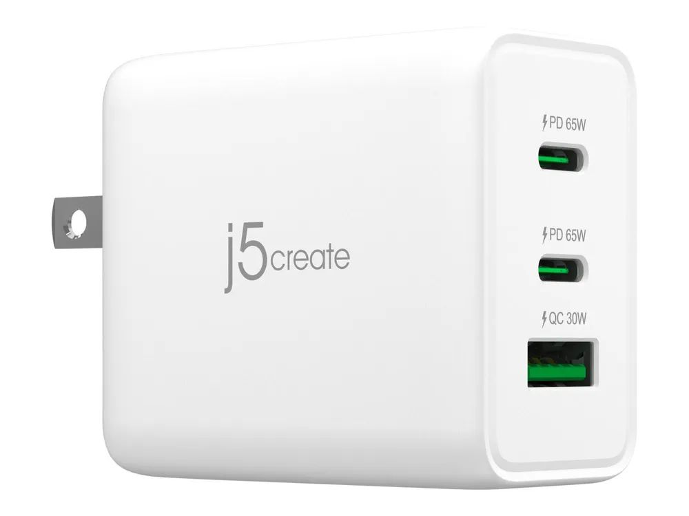j5create Netzteil - GaN-Technologie - 65 Watt - 4.5 A - PD 3.0, QC 3.0 - 3 Ausgabeanschlussstellen (2 x USB-C, USB Typ A)