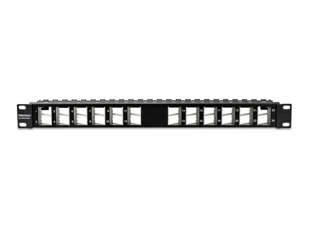 TRENDnet TC-KP24SA - Patch Panel - abgewinkeltes geschirmtes Keystone-Patchpanel - Rack montierbar - CAT 6a - Schwarz - 1U - 48.3 cm (19")