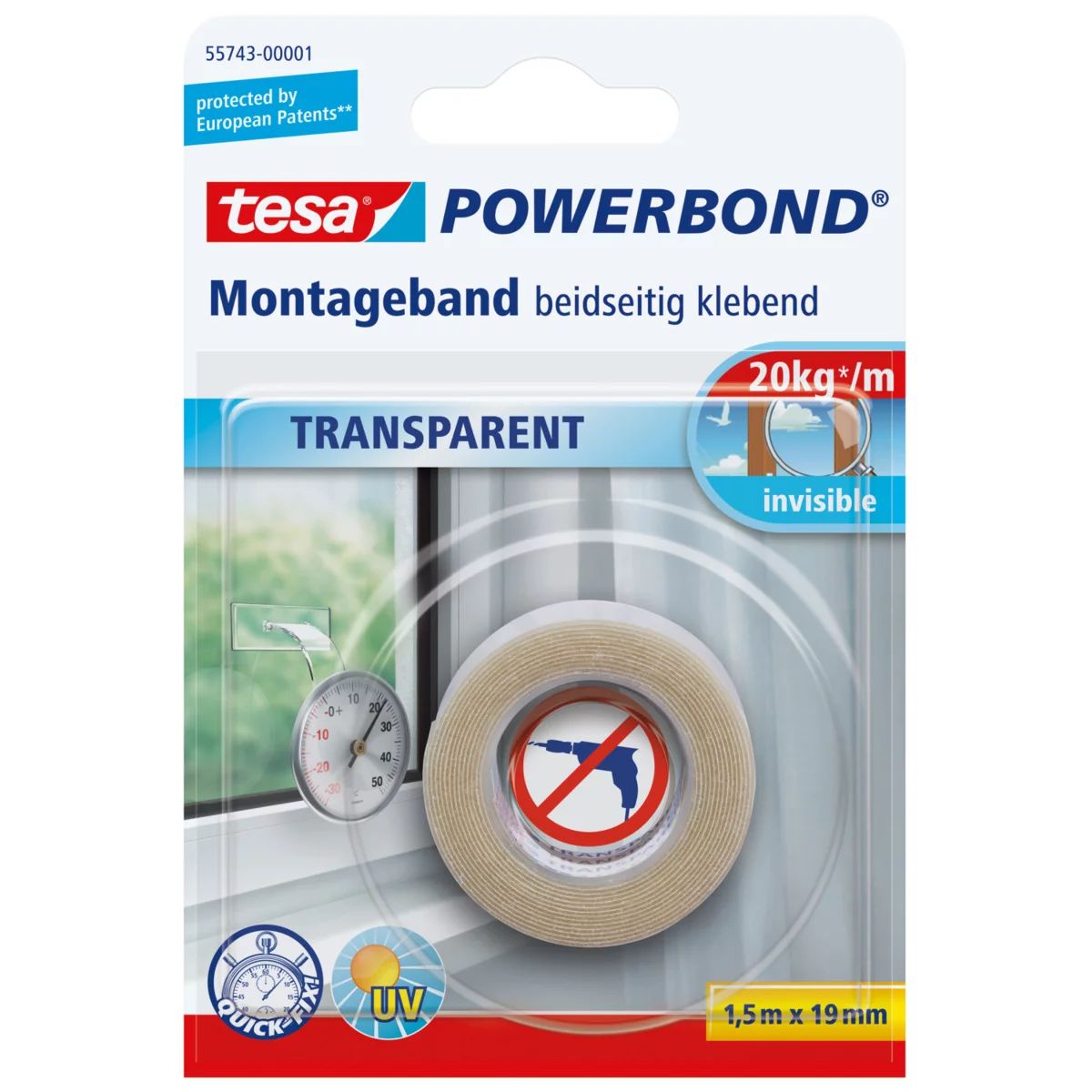 Tesa Powerbond - Doppelseitiges Klebeband - 19 mm x 1.5 m