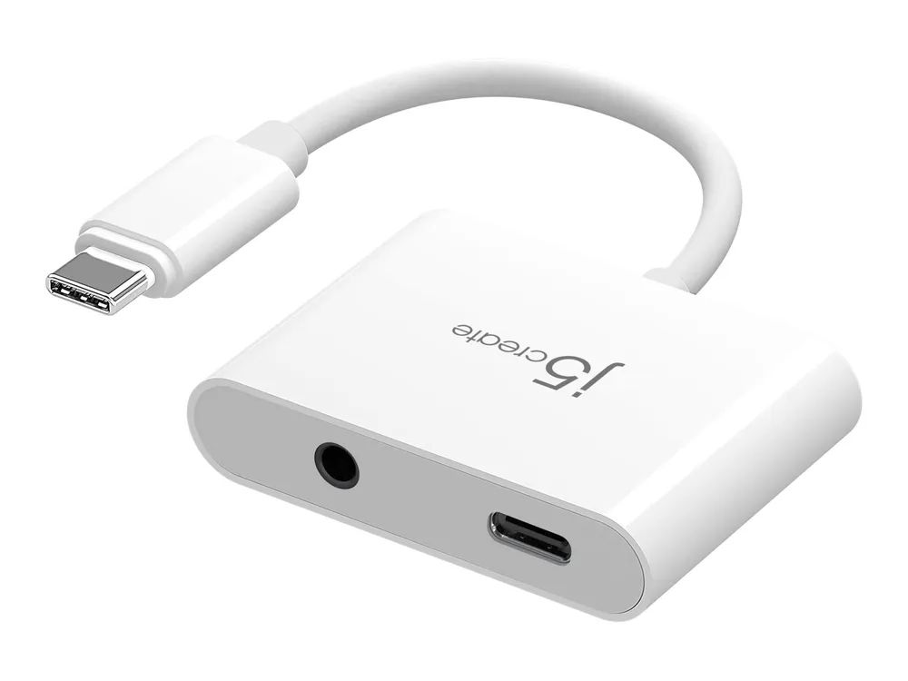 j5create JCA122 - USB-C zu Kopfhöreranschluss / Ladeadapter - 24 pin USB-C männlich zu 24 pin USB-C, 3,5-mm-Klinkenstecker weiblich - 8.2 cm - weiß - USB-Stromversorgung (100 W)