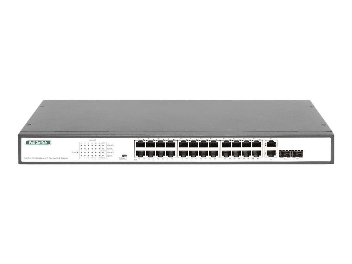 DIGITUS 24-Port Fast Ethernet PoE Netzwerkswitch, 19 Zoll, unmanaged, 2 GE Uplink Ports, SFP, 370 W, af/at