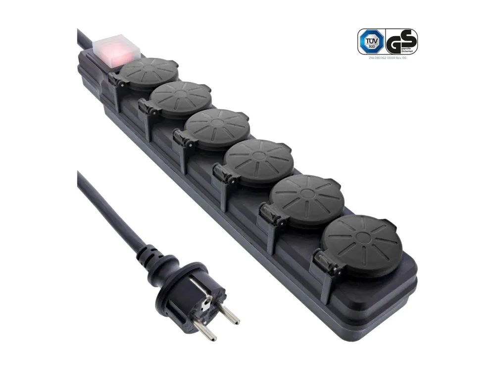 InLine Outdoor-Steckdosenleiste - 6-fach Schutzkontakt - IP44 - mit Schalter - 10m