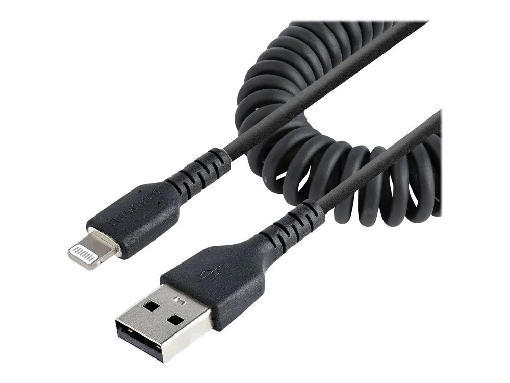 StarTech.com 50cm USB auf Lightning Kabel, Spiralkabel, MFi zertifiziert, Schnellladekabel für iPhone/iPad, Schwarz, robuster TPE Mantel mit Aramidfaser, USB 2.0 Kabel (RUSB2ALT50CMBC)