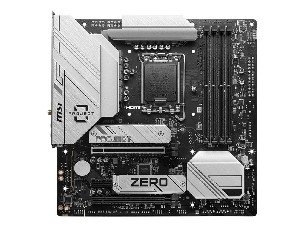 MSI B760M PROJECT ZERO - Motherboard - micro ATX - LGA1700-Sockel - B760 Chipsatz - USB 3.2 Gen 1, USB 3.2 Gen 2, USB-C 3.2 Gen2, USB-C 3.2 Gen 2x2 - 2.5 Gigabit LAN, Wi-Fi 6E, Bluetooth - Onboard-Grafik (CPU erforderlich)