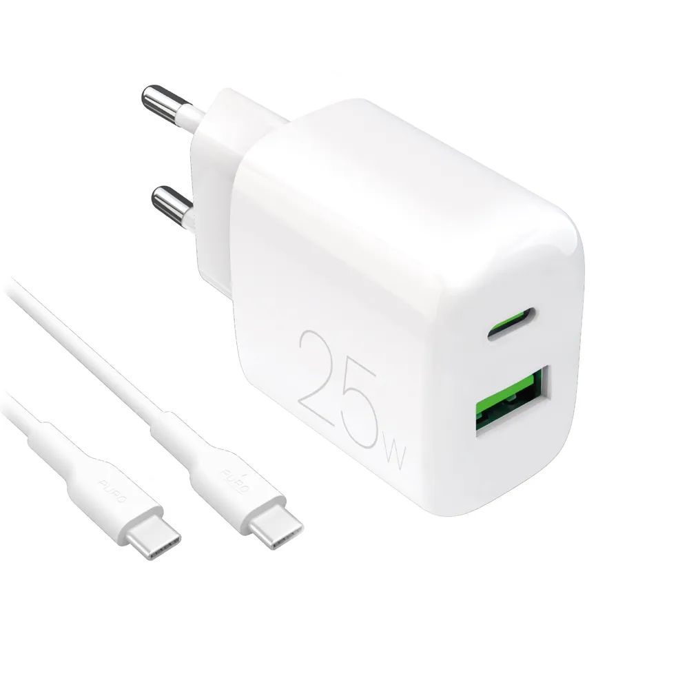 PURO Netzlader, 1x USB-A + 1x USB-C 25W PD, inkl. 1,2m USB-C Kabel