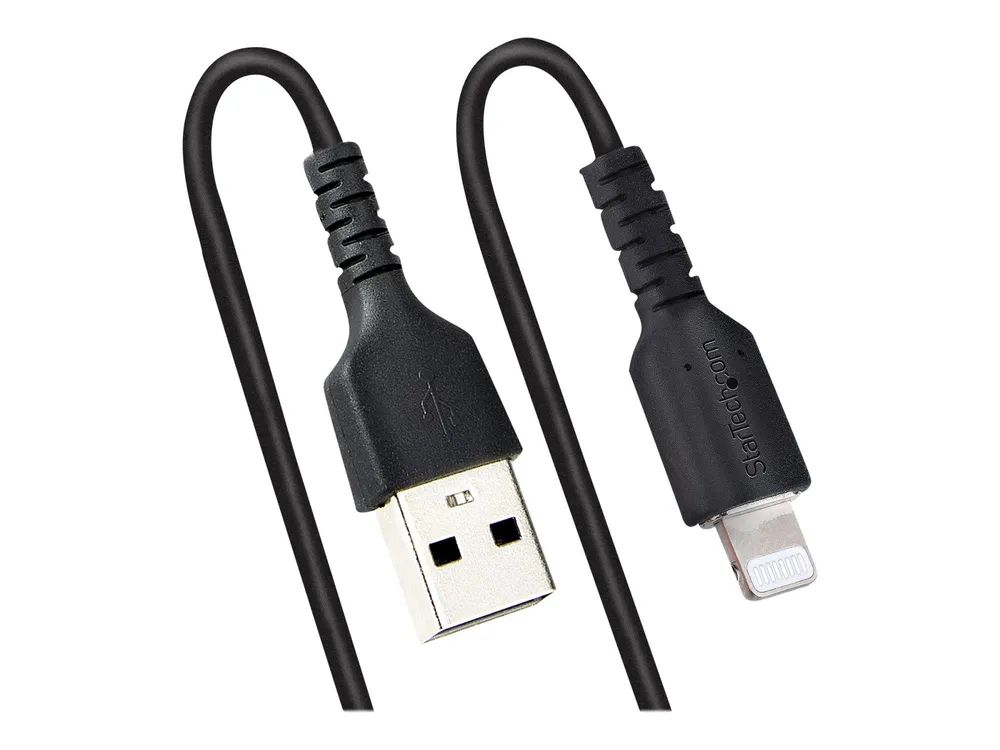StarTech.com 50cm USB auf Lightning Kabel, Spiralkabel, MFi zertifiziert, Schnellladekabel für iPhone/iPad, Schwarz, robuster TPE Mantel mit Aramidfaser, USB 2.0 Kabel (RUSB2ALT50CMBC)