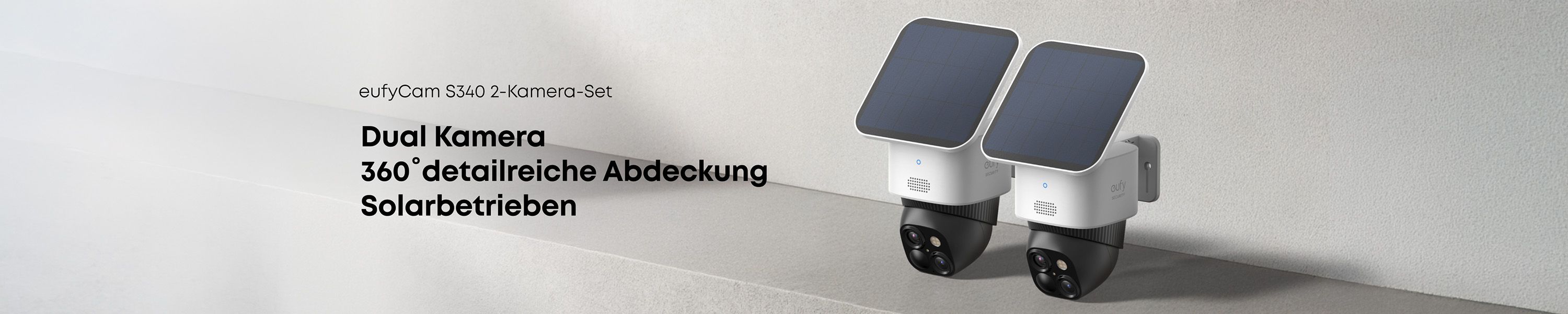 Zwei eufyCam S340 Sicherheitskameras mit Solarpanel für 360-Grad-Überwachung im Außenbereich