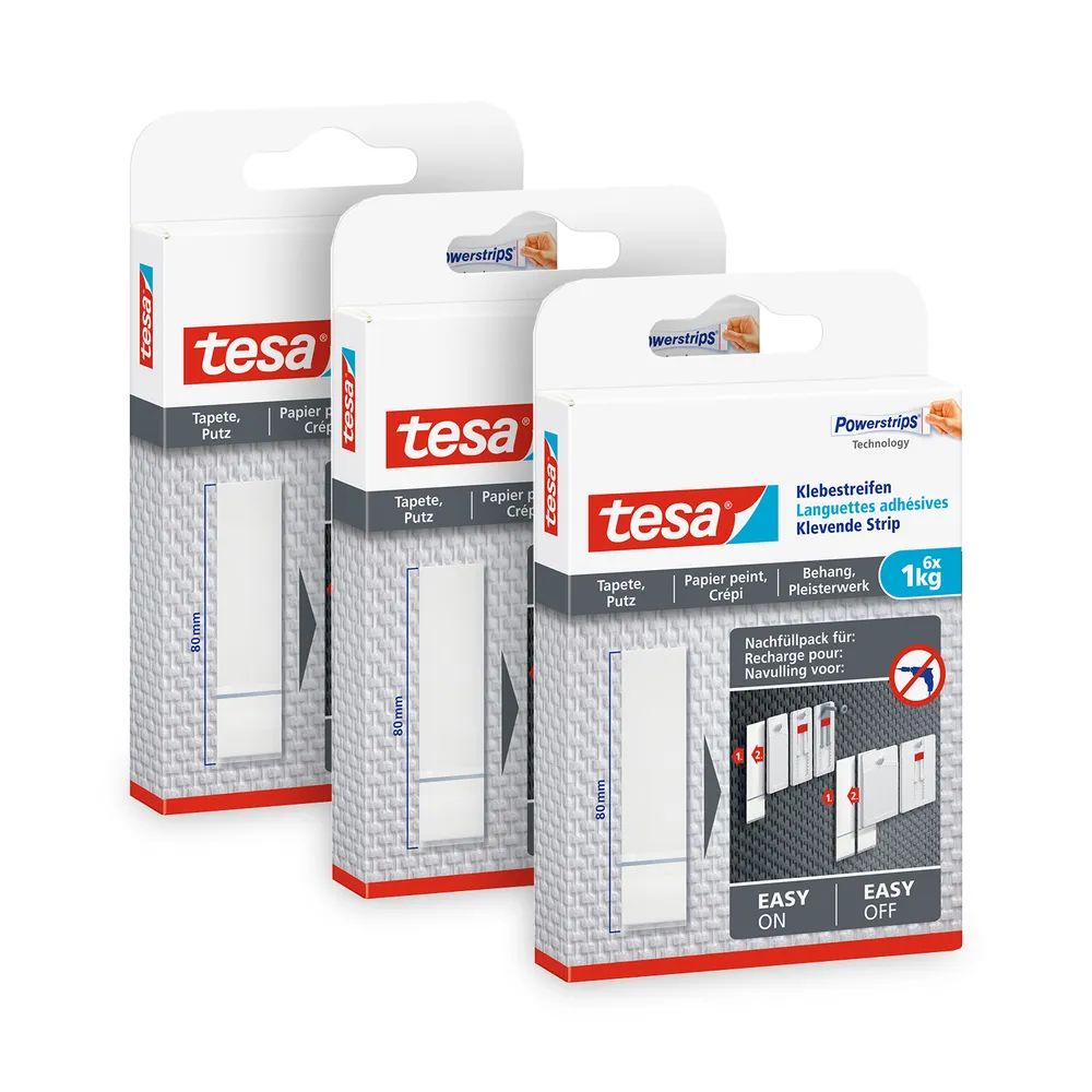 tesa® Powerstrips Wallpaper – 3er-Pack – Klebelösung für Tapeten & Putz, je 6 x 1 kg Tragkraft