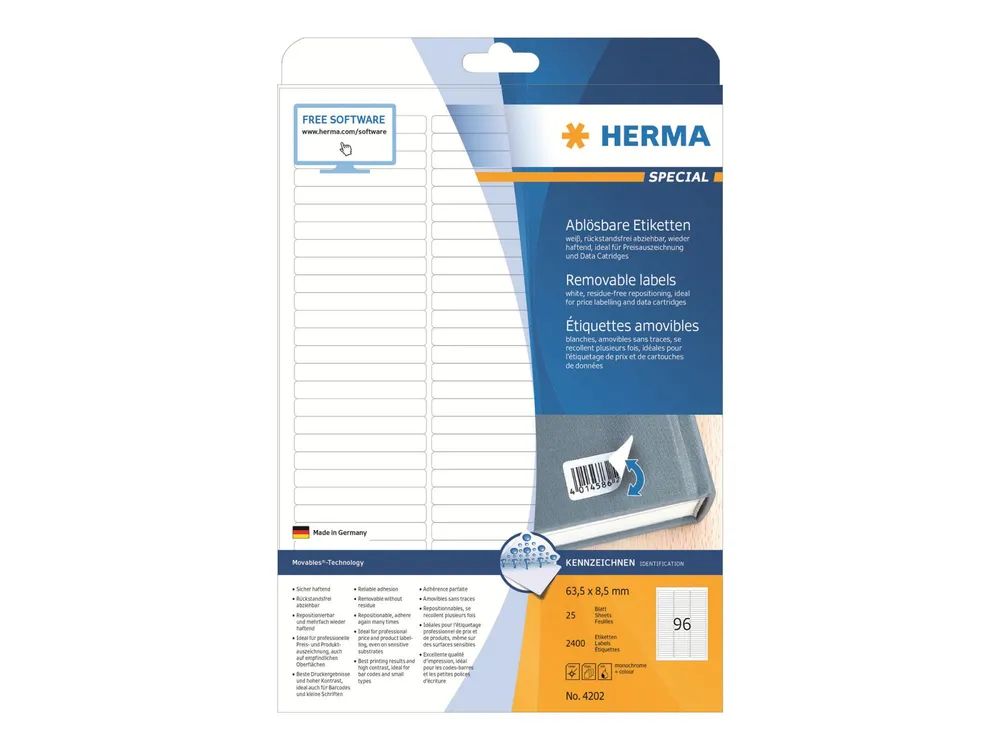 HERMA Special - Papier - matt - selbstklebend, entfernbarer Klebstoff - weiß - 63.5 x 8.5 mm 2400 Etikett(en) (25 Bogen x 96)