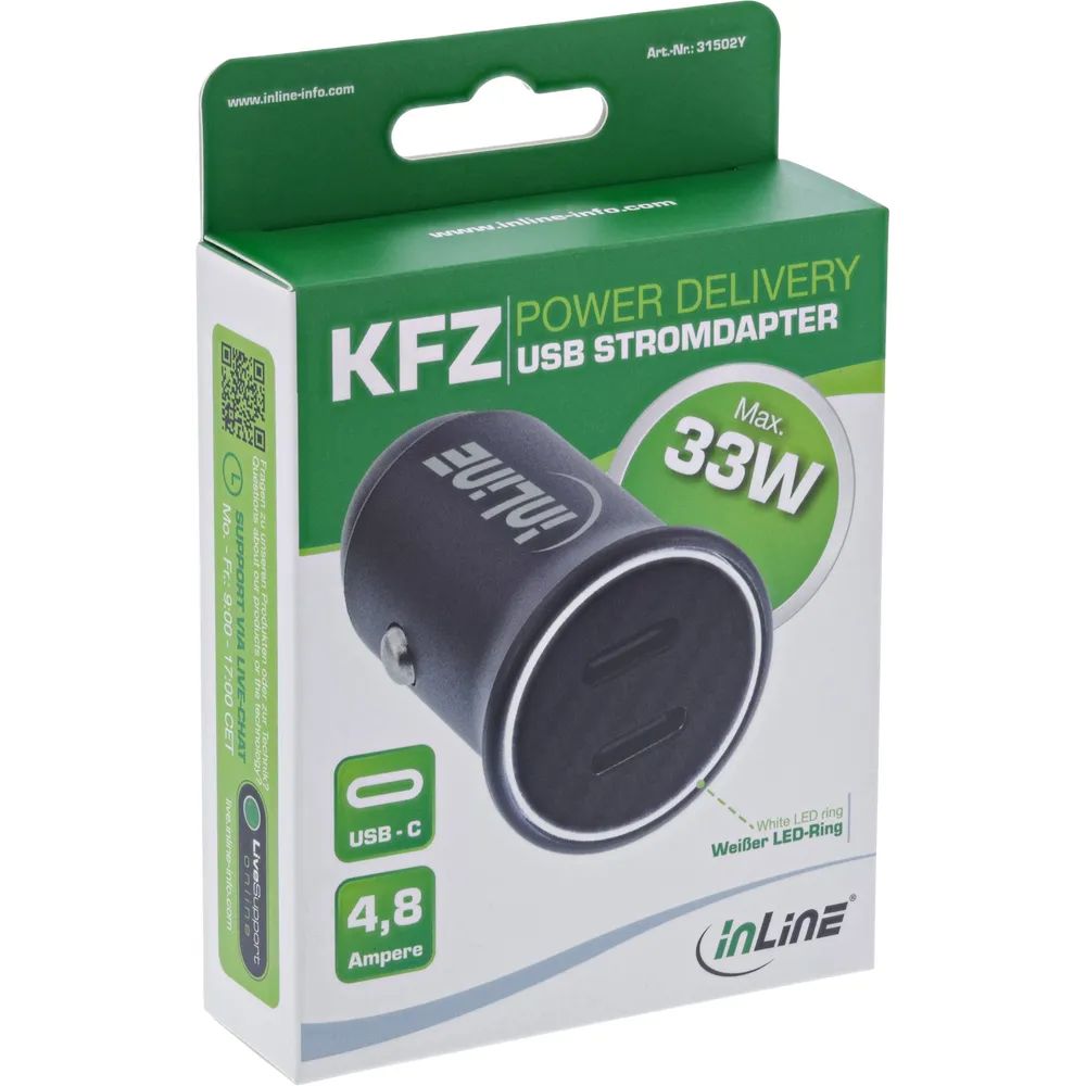 InLine USB KFZ Stromadapter Power Delivery - 2x USB-C - schwarz - max. 33W