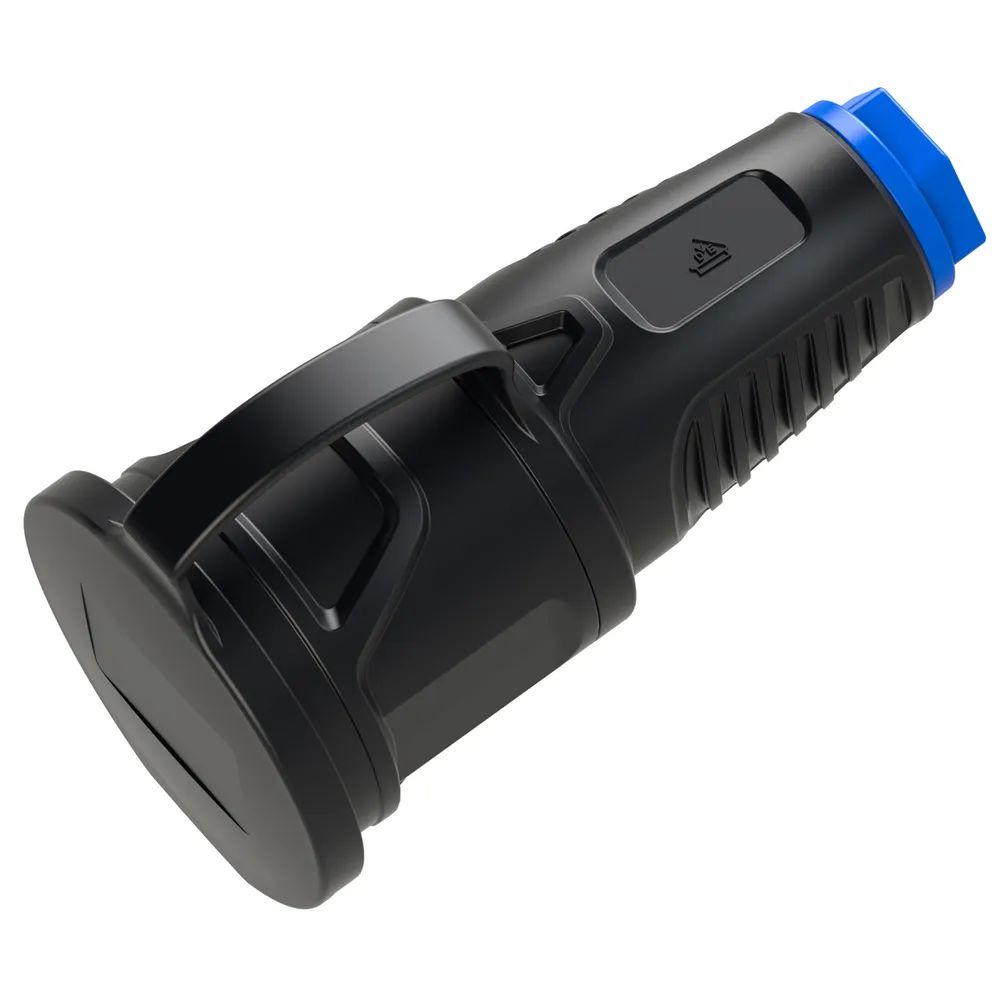 BACHMANN Schutzkontaktkupplung Vollgummi CEE7/3, Deckelband, IP54, schwarz / blau