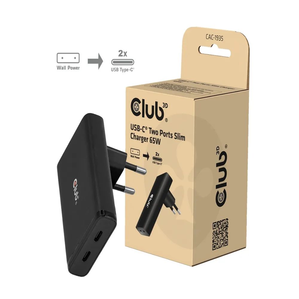 Club 3D Slim-Ladegerät, 2x USB-C® 65W PD 3.1, GaN, PPS