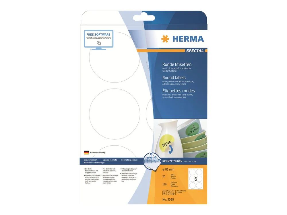 HERMA Special - Papier - matt - selbstklebend, entfernbarer Klebstoff - weiß - 85 mm rund 150 Etikett(en) (25 Bogen x 6)