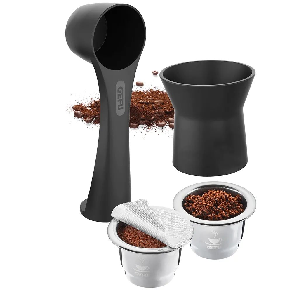 GEFU Kaffeekapseln-Set CONSCIO, 8-teilig Inhalt: Trichter, 2x Edelstahlkapseln, Kaffeemaß mit Tamper, 80 Aroma-Sticker, 2x Ersatz-Dichtungsringe, Reinigungsbürste