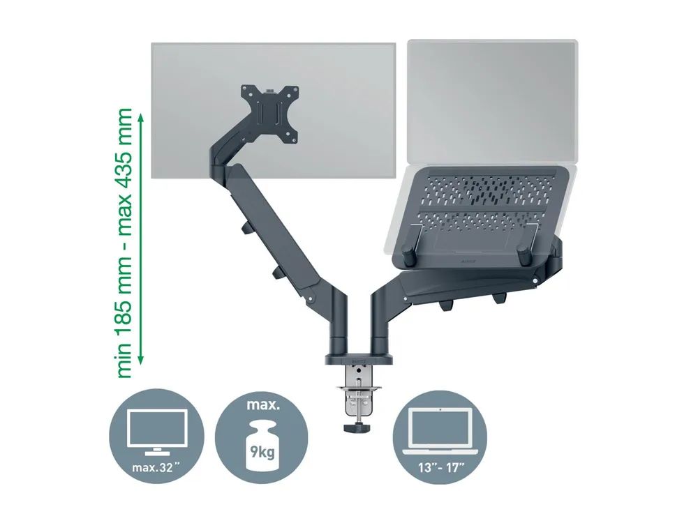 Esselte Leitz Ergo - Befestigungskit (spring-assisted dual arm) - für 2 LCD-Displays oder LCD-Display und Notebook - space saving - Dunkelgrau - Bildschirmgröße: 43.2-81.3 cm (17"-32")