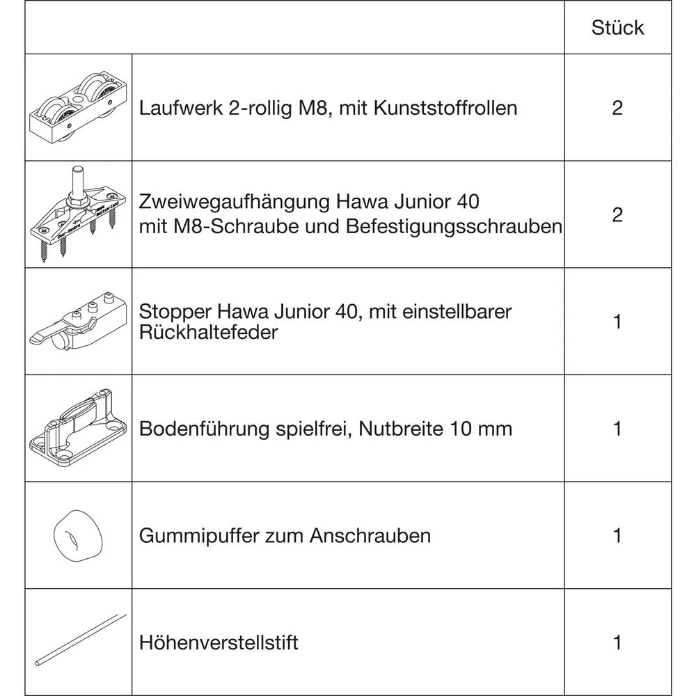 HAWA Junior 40/Z Beschlagset Holz ohne Laufschiene