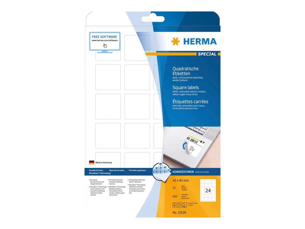 HERMA Special - Papier - matt - selbstklebend, entfernbarer Klebstoff - weiß - 40 x 40 mm 600 Etikett(en) (25 Bogen x 24)