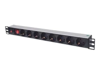 Intellinet 19" 1U Rackmount 8-Way Power Strip - German Type, With On/Off Switch and Overload Protection, 3m Power Cord - Steckdosenleiste (Rack - einbaufähig)
