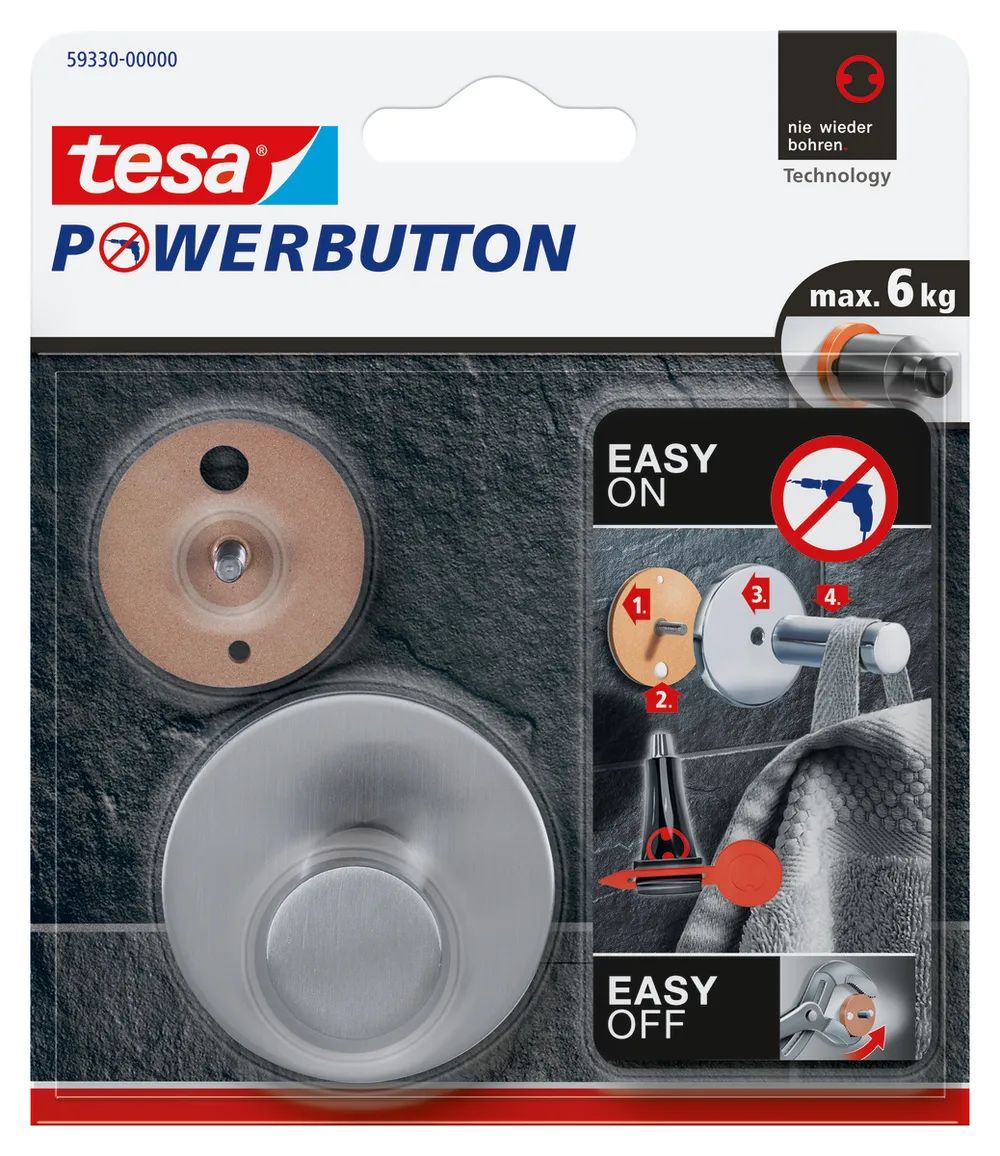 tesa® Powerbutton Haken Classic, Edelstahl, selbstklebender