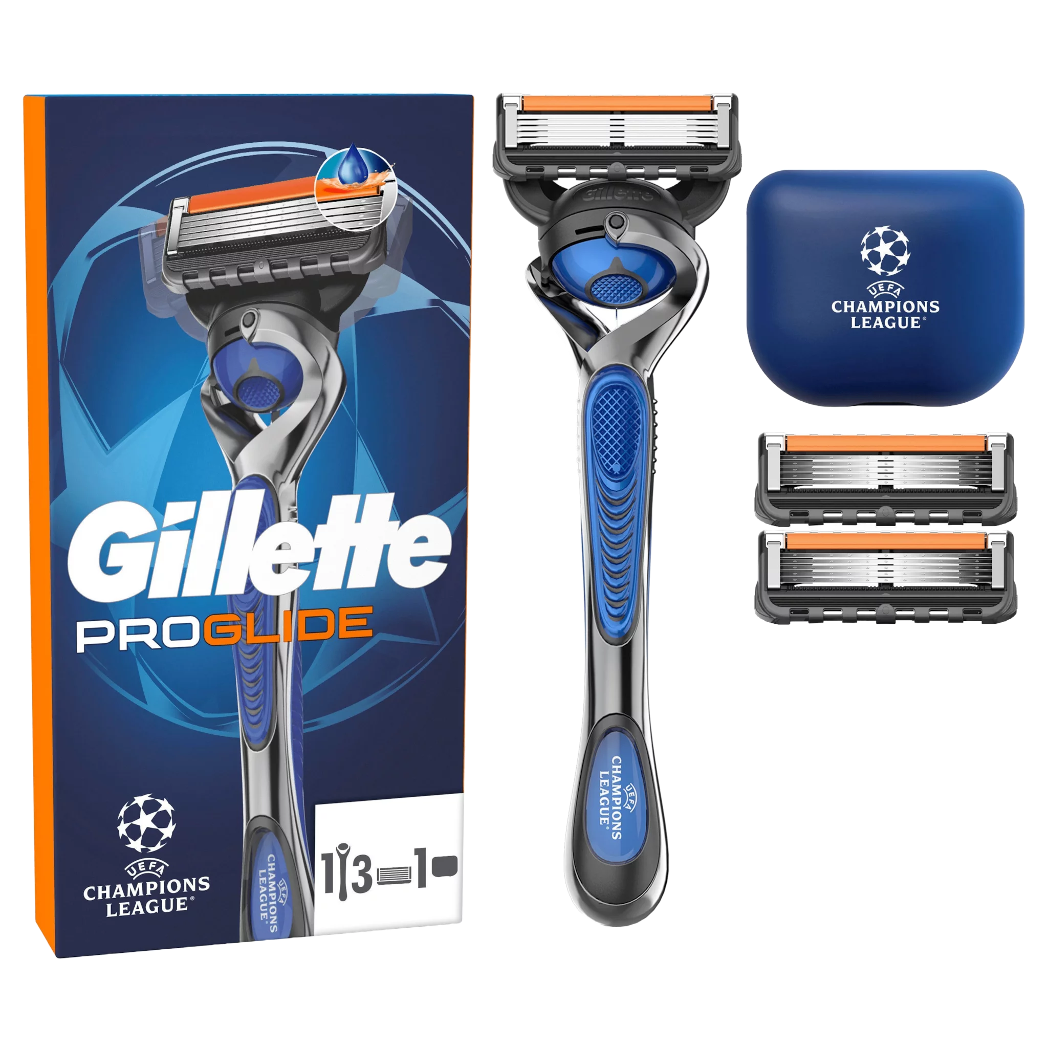 Gillette ProGlide Flexball Systemklingen 3er + Handstück  + Reiseetui "UEFA Champions League"