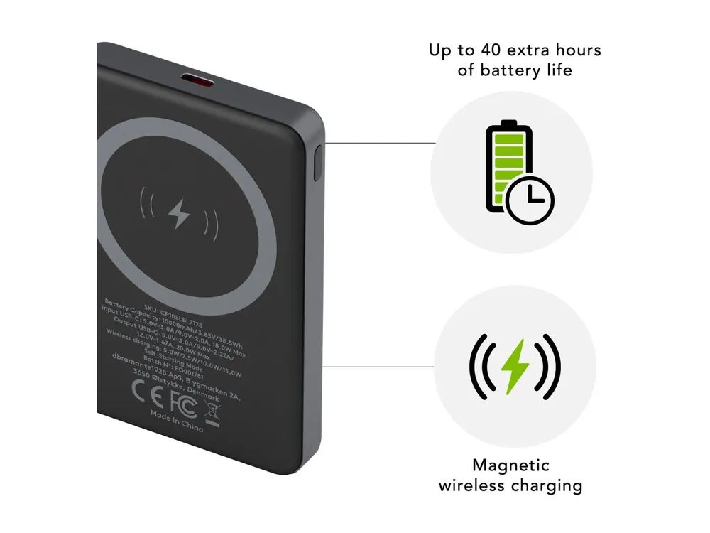 dbramante1928 re-charge - Powerbank - 10000 mAh - 38.5 Wh - 20 Watt - 3 A - 2 Ausgabeanschlussstellen (magnetisch, 24 pin USB-C)