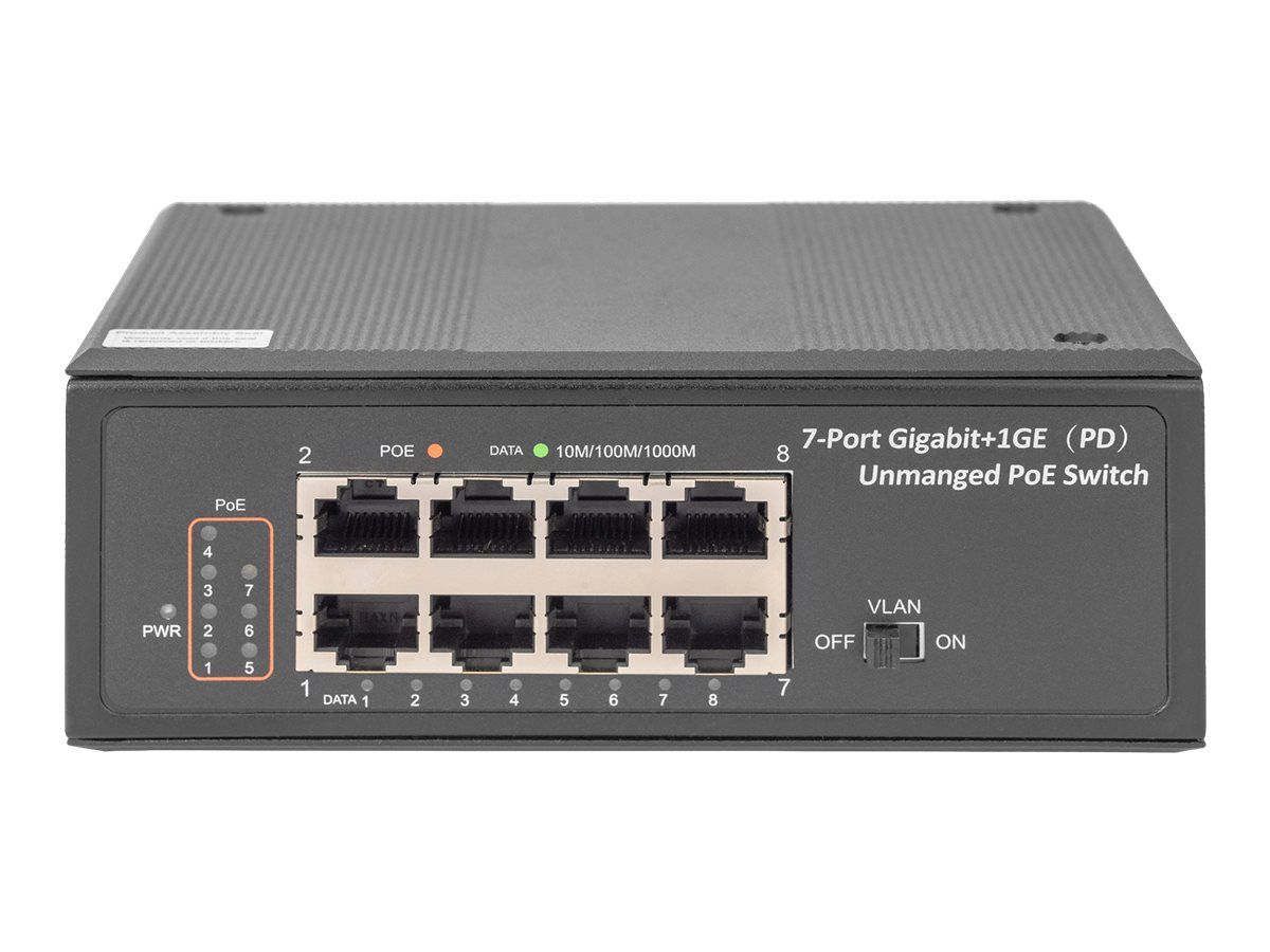 DIGITUS 7 Port Gigabit Ethernet Netzwerk PoE Switch, Industrial, Unmanaged, 1PD Port