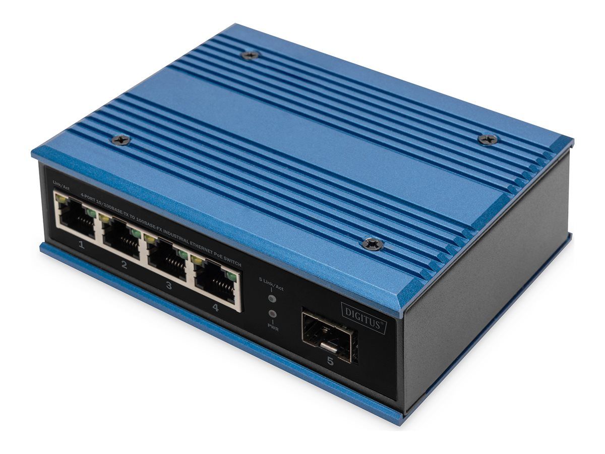 DIGITUS 4 Port Fast Ethernet Netzwerk PoE Switch, Industrial, Unmanaged, 1 SFP Uplink