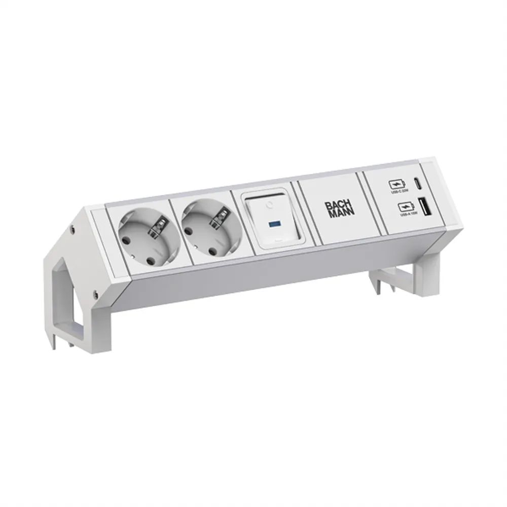 BACHMANN DESK2 ALU WHITE 2xCEE7/3 1xSchalter 1xUSB A/C 22W 0,2m