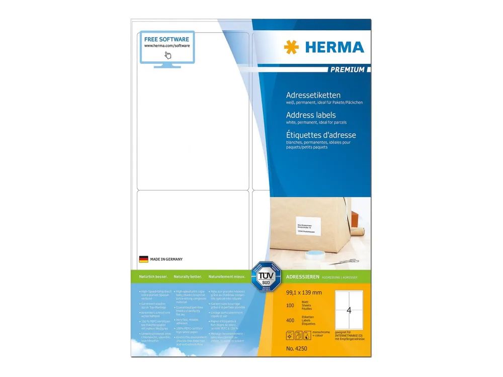 HERMA Premium - Papier - matt - permanent selbstklebend - weiß - 99.1 x 139 mm 400 Etikett(en) (100 Bogen x 4)