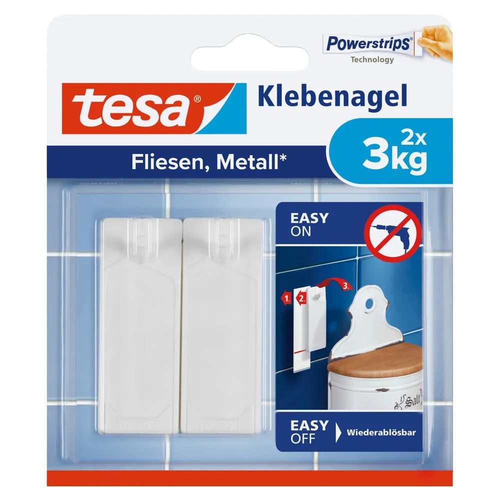 Tesa 77763 - Drinnen - Universalhaken - Weiß - Klebestreifen - 3 kg - Fliesen & Metall