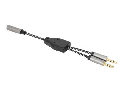 Manhattan Headset Adapter Cable with Stereo Audio Y-Splitter, 3.5mm, Aux, 15cm, Female/2x Male, Splits Single Headset Plug into Microphone and Audio Plugs, Slim Design, Black/Silver, Gold plated contacts and pure oxygen-free copper wire, Lifetime War