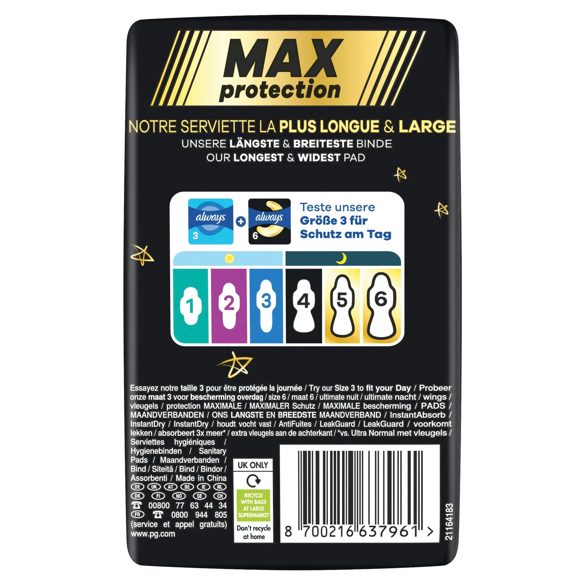 always Binde Ultimate Night - Max Protection mit Flügeln Monatspaket, 54 Binden (3 Packungen x 18 St