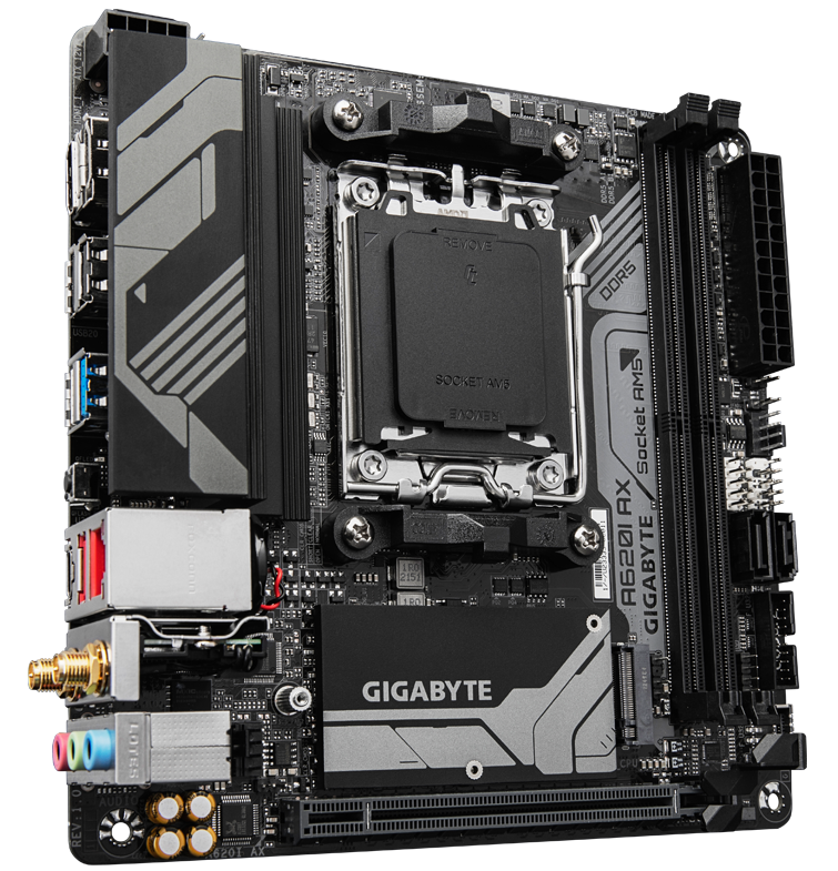Gigabyte A620I AX - 1.0 - Motherboard - Mini-ITX - Socket AM5 - AMD A620 Chipsatz - USB 3.2 Gen 1, USB-C 3.2 Gen 1, USB 3.2 Gen 2 - 2.5 Gigabit LAN, Wi-Fi 6E, Bluetooth - Onboard-Grafik (CPU erforderlich)