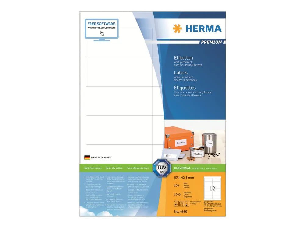 HERMA Premium - Papier - matt - permanent selbstklebend - weiß - 97 x 42.3 mm 1200 Etikett(en) (100 Bogen x 12)